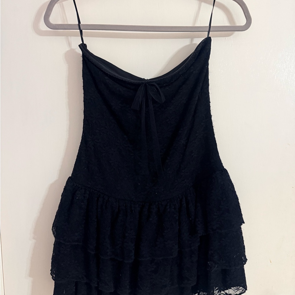 American Threads Black Lace Tiered Mini Dress